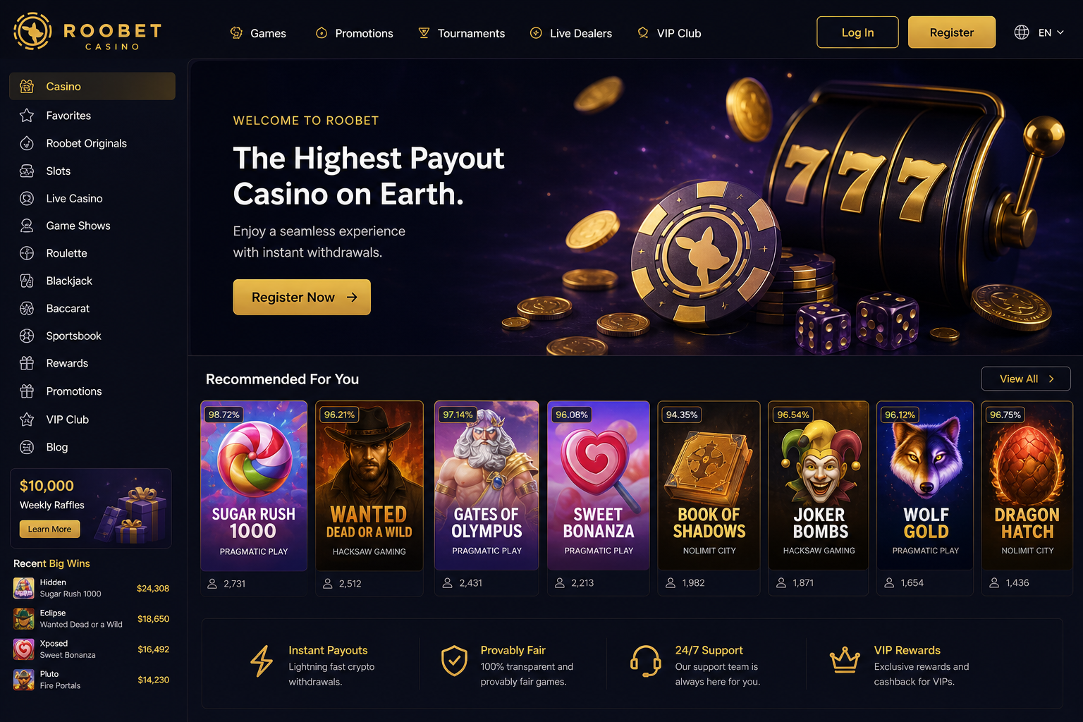 Roobet casino — domača stran in priporočene igre