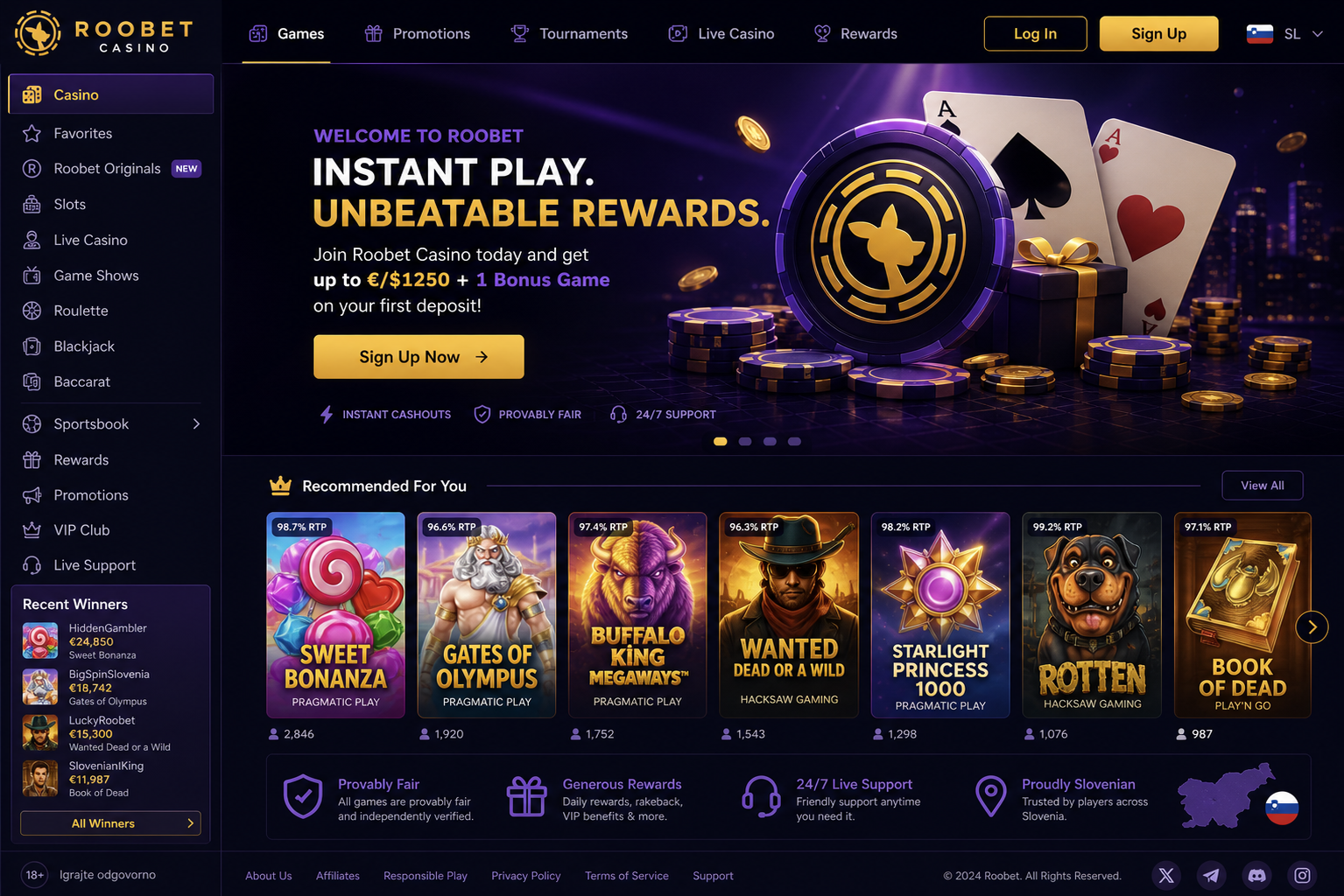 Roobet casino — bonus za dobrodošlico in priporočene igre
